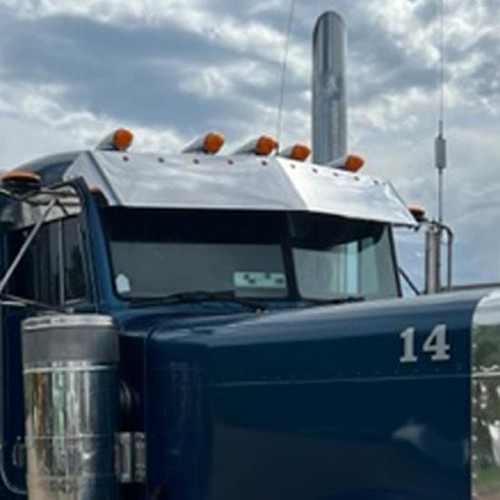 14 Inch Stainless Steel Blind Mount Drop Visor W/ 10 Bullseye LED Lights By Turnpike Truck Trim Fits Peterbilt 300 Series W/ 2 Piece Flat Windshields