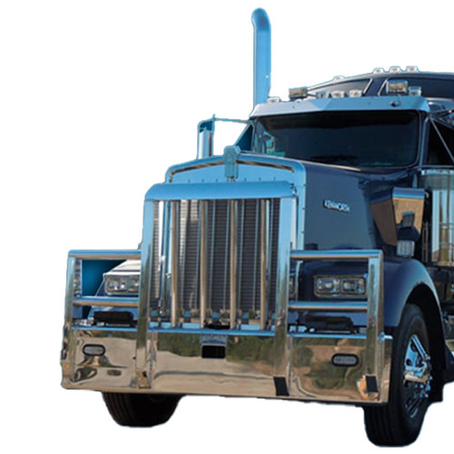 Aluminum Texas Titan 4 Post Moose Bumper Guard W/ Boxed Vertical Uprights & 6 Inch Oval Turn Signal Lights Fits Kenworth W900L