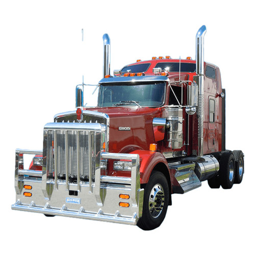 Aluminum Sasquatch 4 Post Moose Bumper Guard W/ Oversized Header, XL Grille Bars, 4 Inch Chin Tube & Tandem Turn Signals Fits Kenworth W900L