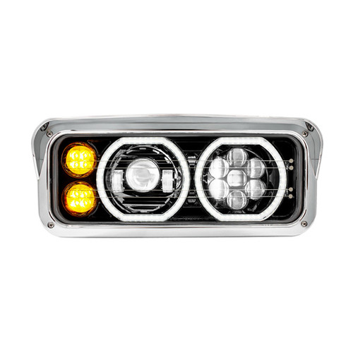 Driver/Passenger Side Black High Power 10 LED Heated Headlight W/ 8 LED Turn Signal & 100 LED White Halo As Running Light Fits Peterbilt, Kenworth, Freightliner & Western Star