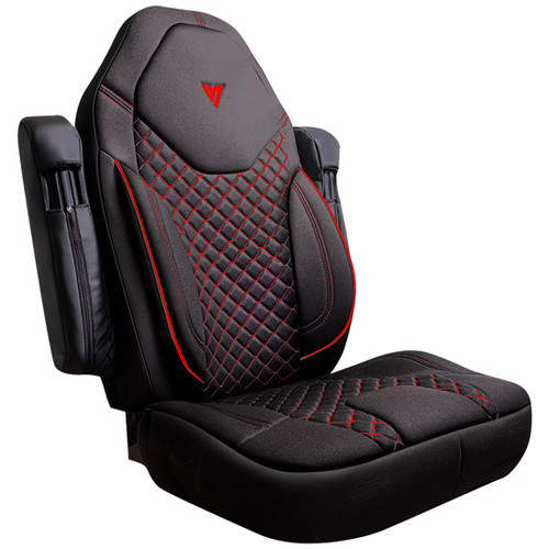 33 Inch High Back Black Cloth Seat Cover, With Back Pocket Sleeve And Red Stitching For Freightliner Cascadia