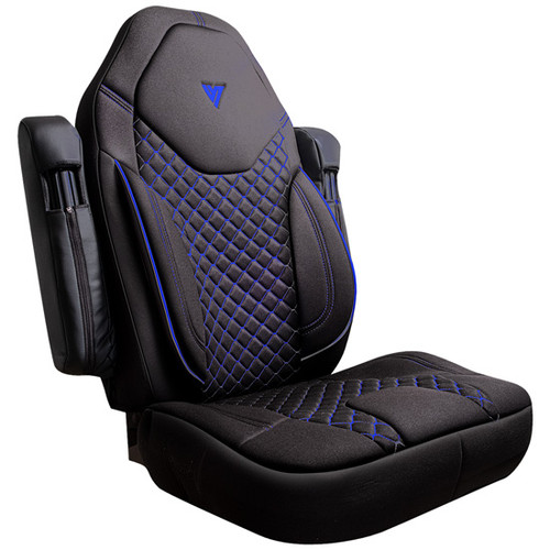 33 Inch High Back Black Cloth Seat Cover, With Back Pocket Sleeve And Blue Stitching For Freightliner Cascadia