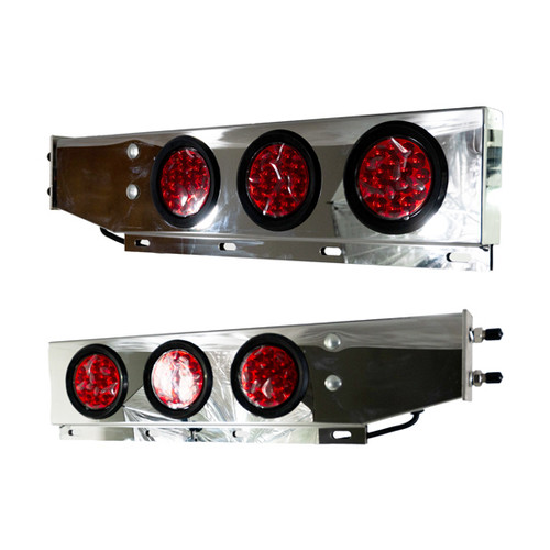 5 Inch Turnpike Truck Trim SS Spring Loaded Mud Flap Hanger Light Bars, 2. Bolt Spacing With Grommets And 4 Inch Rnd Lights - Red Led / Red Lens