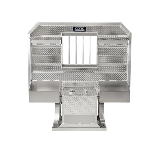 68 X 70 Inch Diamond Plate Aluminum Cab Rack W/ Center Jail Bar Window, Split Trays, Chain Hangers & 50 GAL Hydraulic Tank
