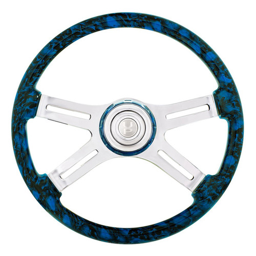 Blue Skull Design 18 Inch Wood Steering Wheel W/ Chrome 4 Spokes, Slot Cutouts & Horn Button