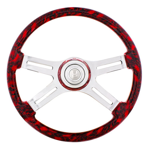 Red Skull Design Wood Steering Wheel 18 Inch W/ Chrome 4 Spokes W/ Slot Cutouts & Horn Button
