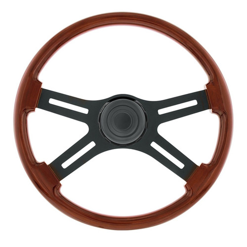 Wood Rim Steering Wheel 18 Inch W/ 4 Matte Black Spokes W/ Slot Cutouts, Horn Button & Bezel