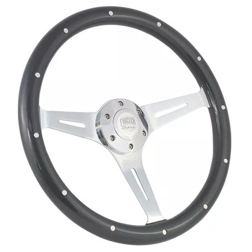Chrome Empire Gray Euro Steering Wheel 15 Inch W/ Wood Grip & Polished Interchangeable Horn Button