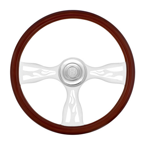 Chrome Bezel Steering Wheel 18 Inch Polished Wood Rime & 3 Chrome Spokes W/ Flame Cutout Design