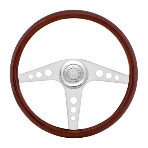 Chrome Bezel Steering Wheel 18 Inch Polished Wood Rime & 3 Chrome Spokes W/ GT Cutout Design