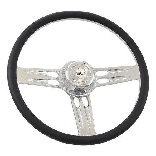 18 Inch Triple Threat Chrome 3 Spoke Half Wrap Black Leather Steering Wheel
