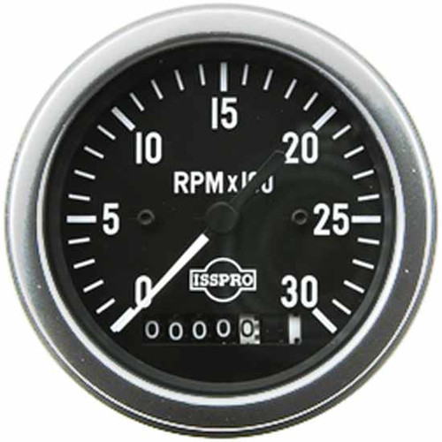 75 Inch Isspro 3.3 Ignition Tachometer Gauge 0-3K With Hourmeter, Black Face, White Pointer, Chrome Bezel