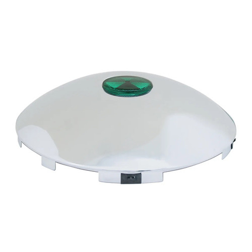 1 Inch Universal Chrome Front Hubcap With Green Reflector Lip, 6 Notches