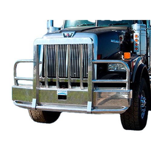 5 Inch Aluminum 2 Post Set Back Axle Moose Bumper Guard With Vertical Bullet Shaped Grille Bars, 1. Tow Pin, 3 Inch Od Headlight Protection And Quick Latch For Western Star 4900Sb