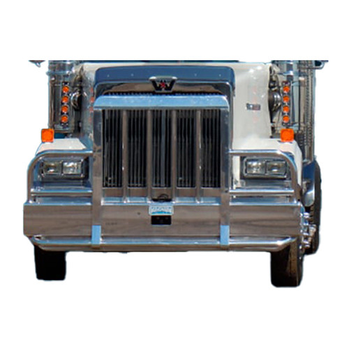 5 Inch Aluminum 2 Post Set Forward Axle Moose Bumper Guard With Vertical Bullet Shaped Grille Bars, 1. Tow Pin, 3 Inch Od Headlight Protection And Quick Latch For Western Star 4900Sf