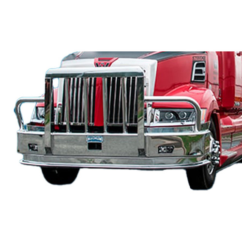 Aluminum 2 Post Grizzly Moose Bumper Guard With Boxed Vertical Uprights, Vertical Bullet Shaped Grille Bars, Center Tow Pins And Quick Latch For Western Star 5700Xe