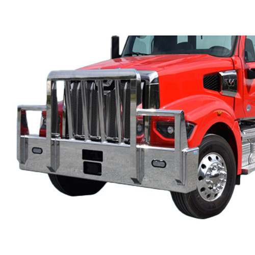 Aluminum Texas Titan Moose Bumper Guard With Radar Compliance, Boxed Vertical Uprights, Vertical Bullet Shaped Grille Bars And Turn Signal Lights For Western Star 49X SFA