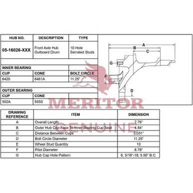 15-16026-1002MTB Meritor Assembly - Front Hub / Drum