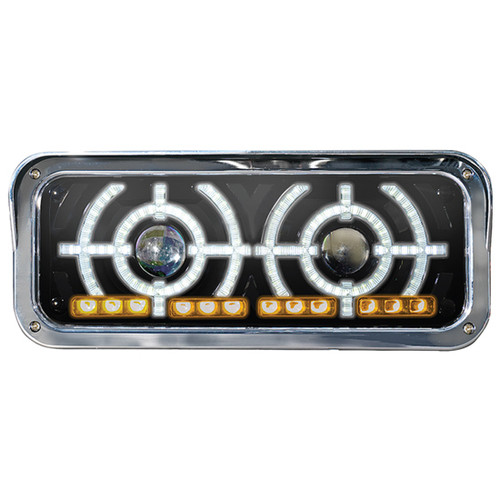 Dual Blackout Projector Headlight Assembly 4 X 6 Inch With Scope Target Sight LED Halo Ring Fits Kenworth, Peterbilt