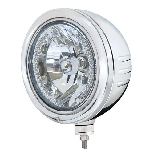 7 Inch Crystal Halogen Headlight W/ Stainless Steel Bullet Embossed Strip Housing & Single Mounting Post