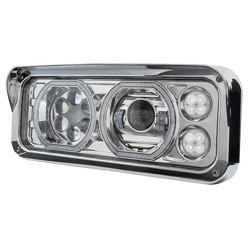 Chrome Dual Square LED Projection Headlight W/ Auxiliary Halo Rings & Amber LED Turn Signal