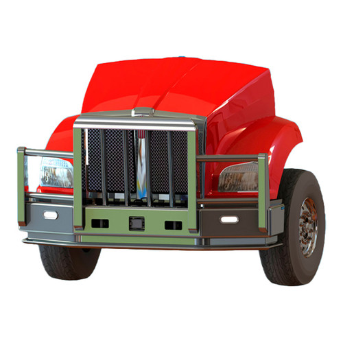 5 Inch Aluminum 4 Post Grizzly Moose Bumper Guard With Radar Compliance, Boxed Vertical Uprights, Vertical Bullet Shaped Grille Bars, 1. Tow Pins And Quick Latch For Kenworth T880
