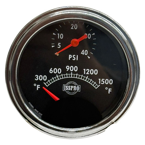 3 Inch Isspro Turbocator Pyrometer/Boost Gauge 300-1500F, 0-40 Psi With Black Face, Red Pointers, Chrome Bezel