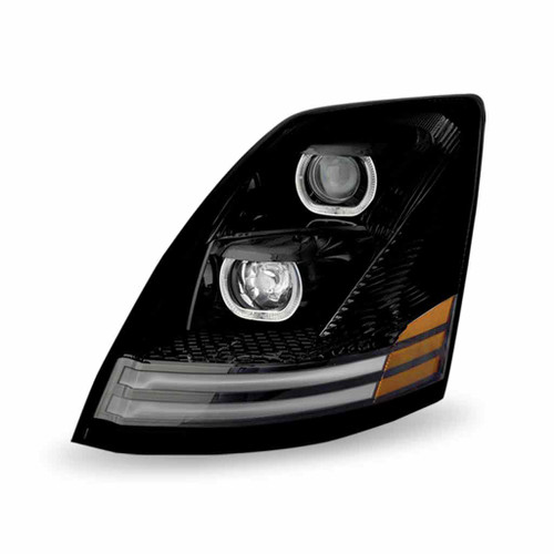 TRUX TLED-H19 BLACK VOLVO VN/ VNL LED PROJECTOR HEADLIGHT ASSEMBLY WITH LED WITH DUAL FUNCTION LED STRIPS - DRIVER SIDE