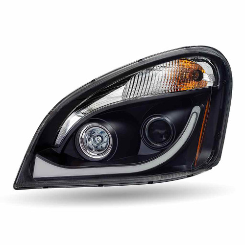TRUX TLED-H68 BLACK CHROME FREIGHTLINER CASCADIA LED PROJECTOR HEADLIGHT ASSEMBLY WITH DUAL FUNCTION LED STRIP - DRIVER SIDE