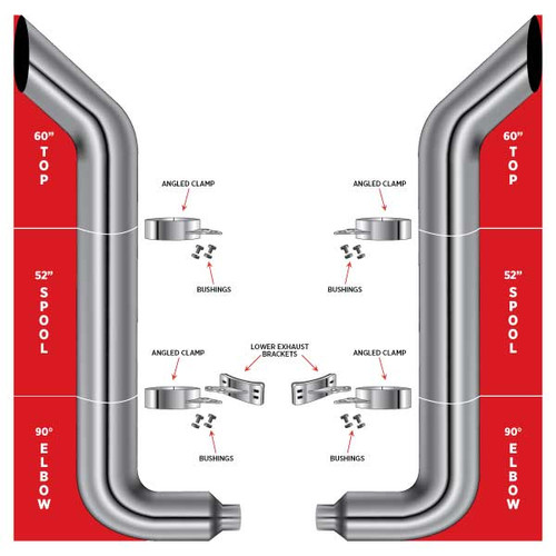 TRUX TSK8-BSET2 8" BULLHORN EXHAUST KIT W/ 60" TOP STACKS, 90° REDUCED ELBOWS & 52" MIDDLE SPOOLS