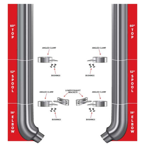 TRUX TSK8-FSET6 8" FLAT TOP STACKS EXHAUST KIT W/ 60" TOP STACKS, 58° REDUCED ELBOWS & 52" MIDDLE SPOOLS